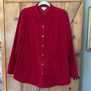 J.Jill button down shirt, fine wale corduroy with pockets, tunic style, Red, L